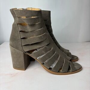 Diba Women 9M Taupe Suede Cage Block Heel Open Toe Booties Gray Strappy Sandal